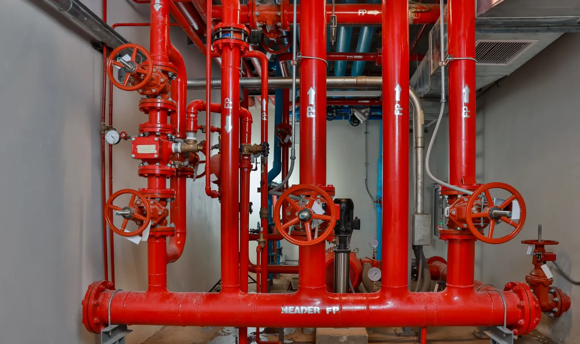 Red fire protection piping, valves, and a header in a building's fire pump room