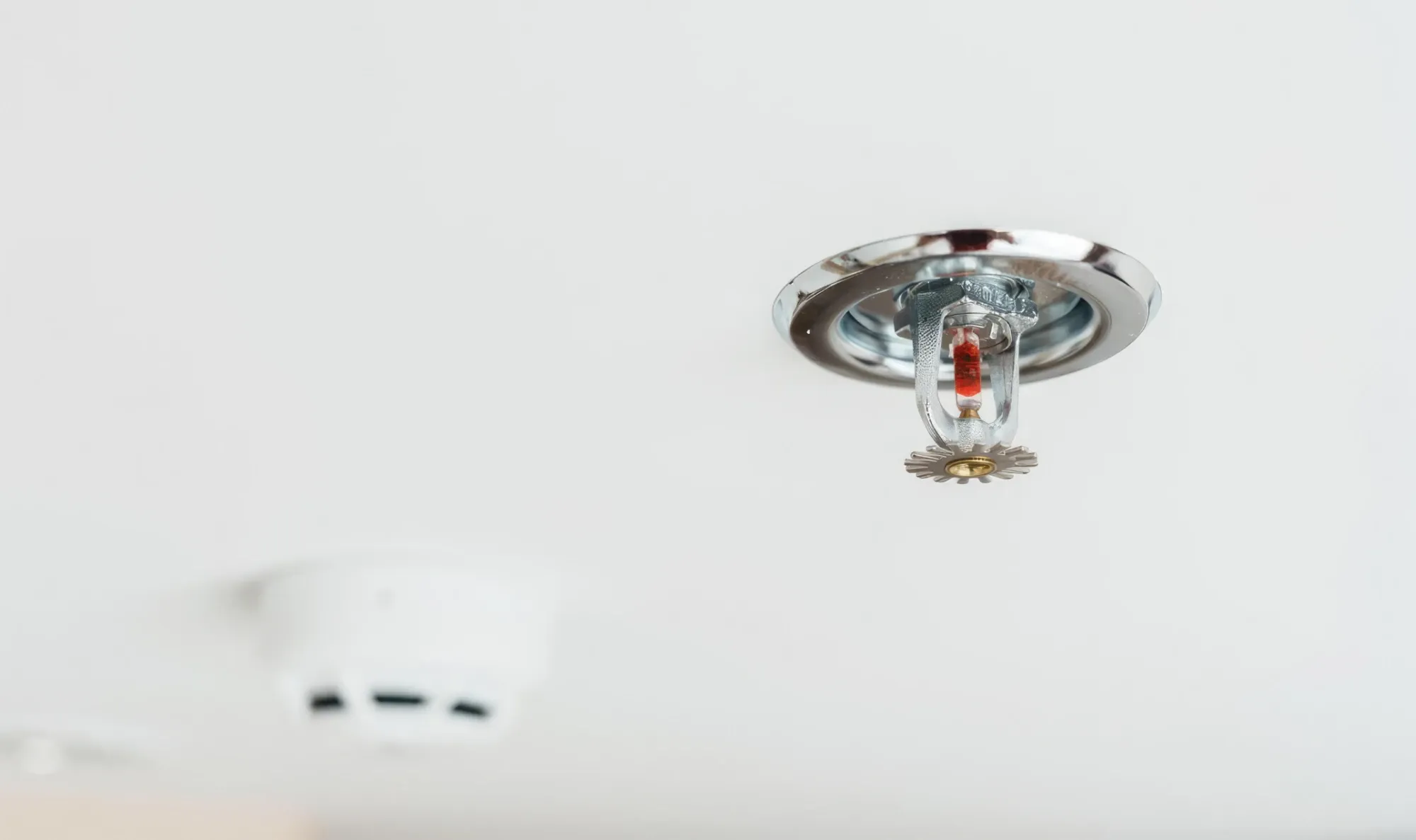 Pendent fire sprinkler head mounted in a white ceiling